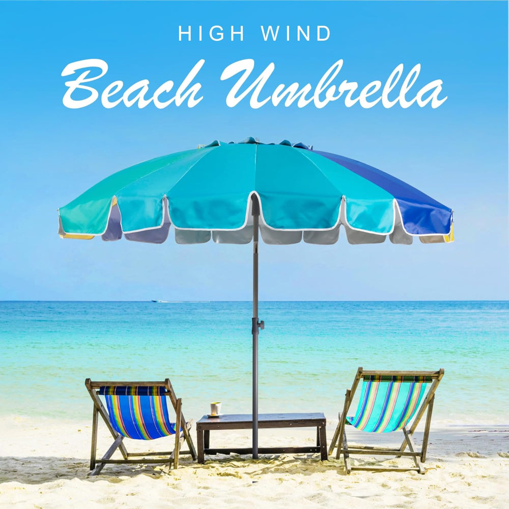 AMMSUN 7.5ft heavy duty high wind beach umbrella with sand anchor portable sun shelter provides shade for beach chairs