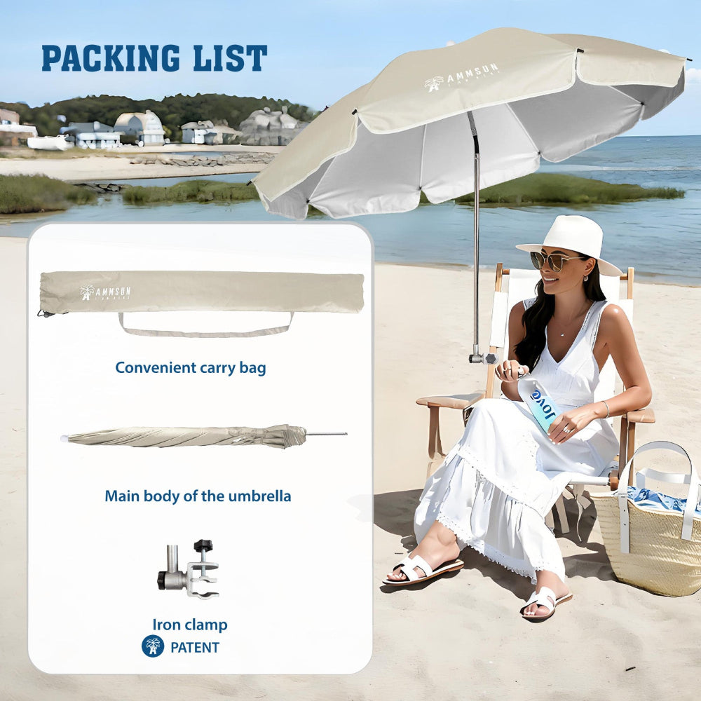 A woman sitting under an AMMSUN beige large size beach chair umbrella with clamp and carry bag