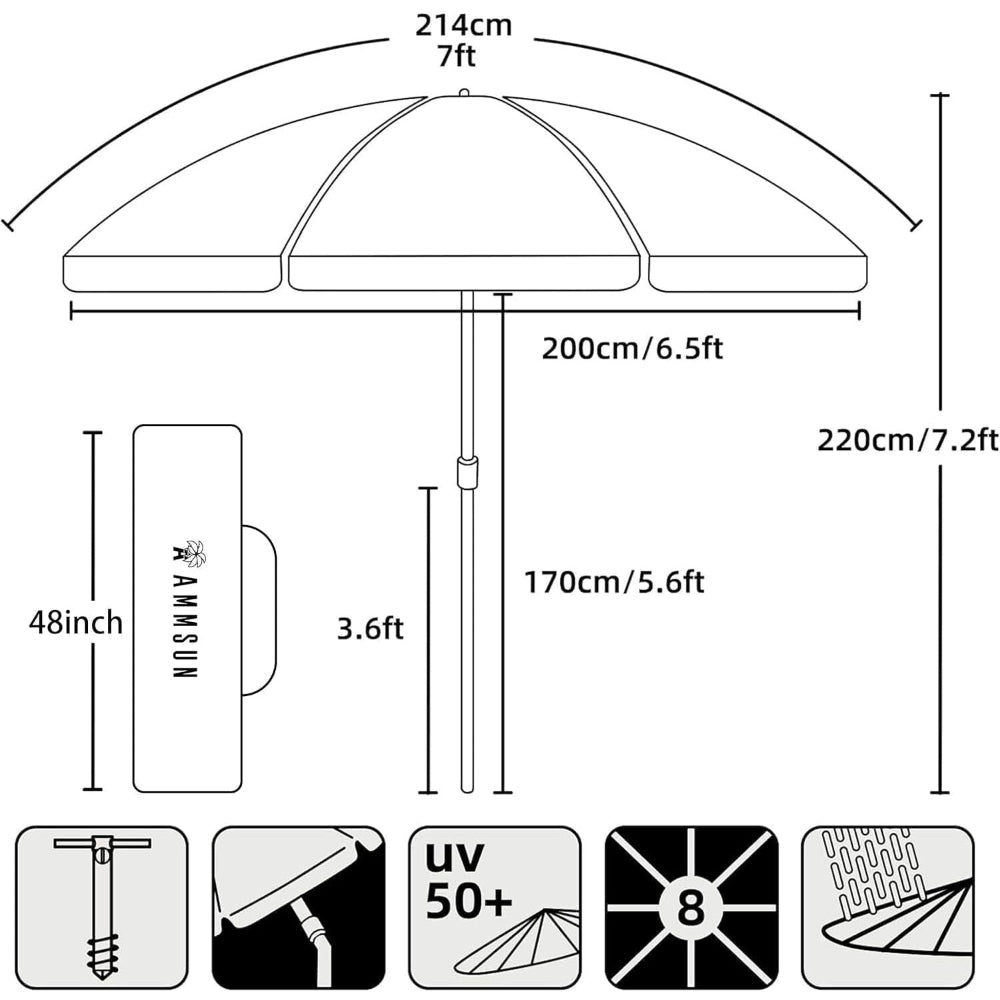 AMMSUN 7ft portable umbrella in 7.2ft high, made of waterproof anf uv 50+, with sand anchor