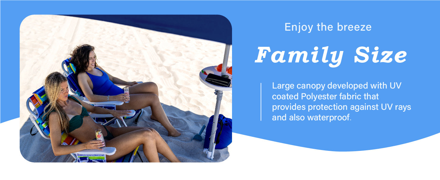 Two women sitting under an AMMSUN navy 8ft extra large beach umbrella with sand anhcor
