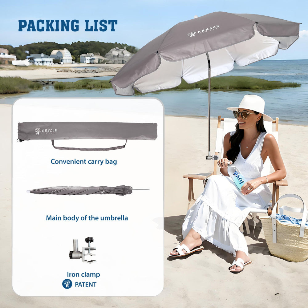 A woman in a chair, sheltered by an AMMSUN large size grey portable sun shade umbrella with clamp and carry bag