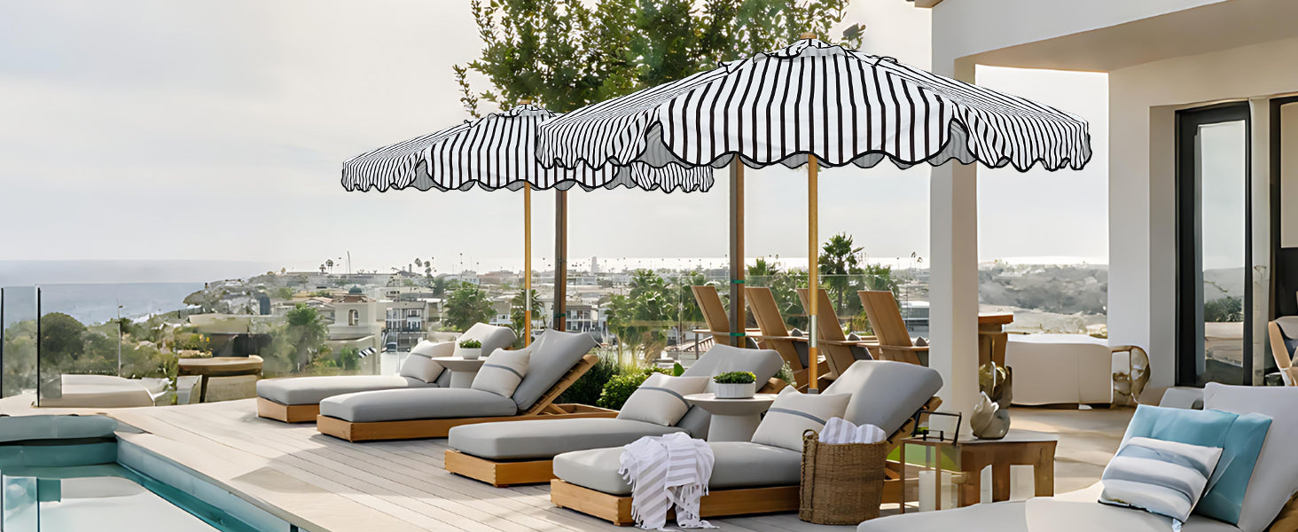 Lounge chairs under AMMSUN pulley lift outdoor patio umbrella pool umbrella for inside of pool by a poolside
