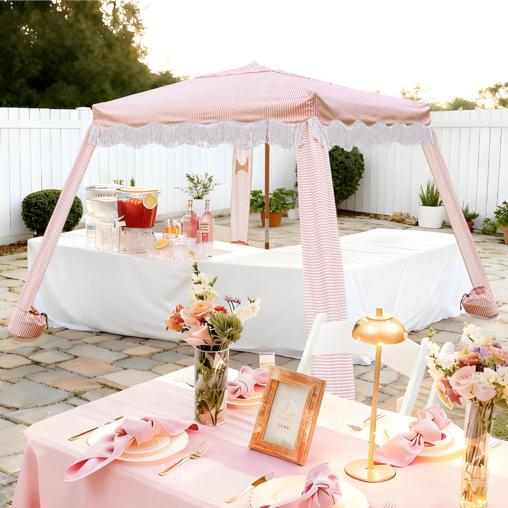 AMMSUN Beach Cabana with Fringe, 7'×7' Boho Beach Canopy with Tassels boho beach umbrella,  Pink stripes