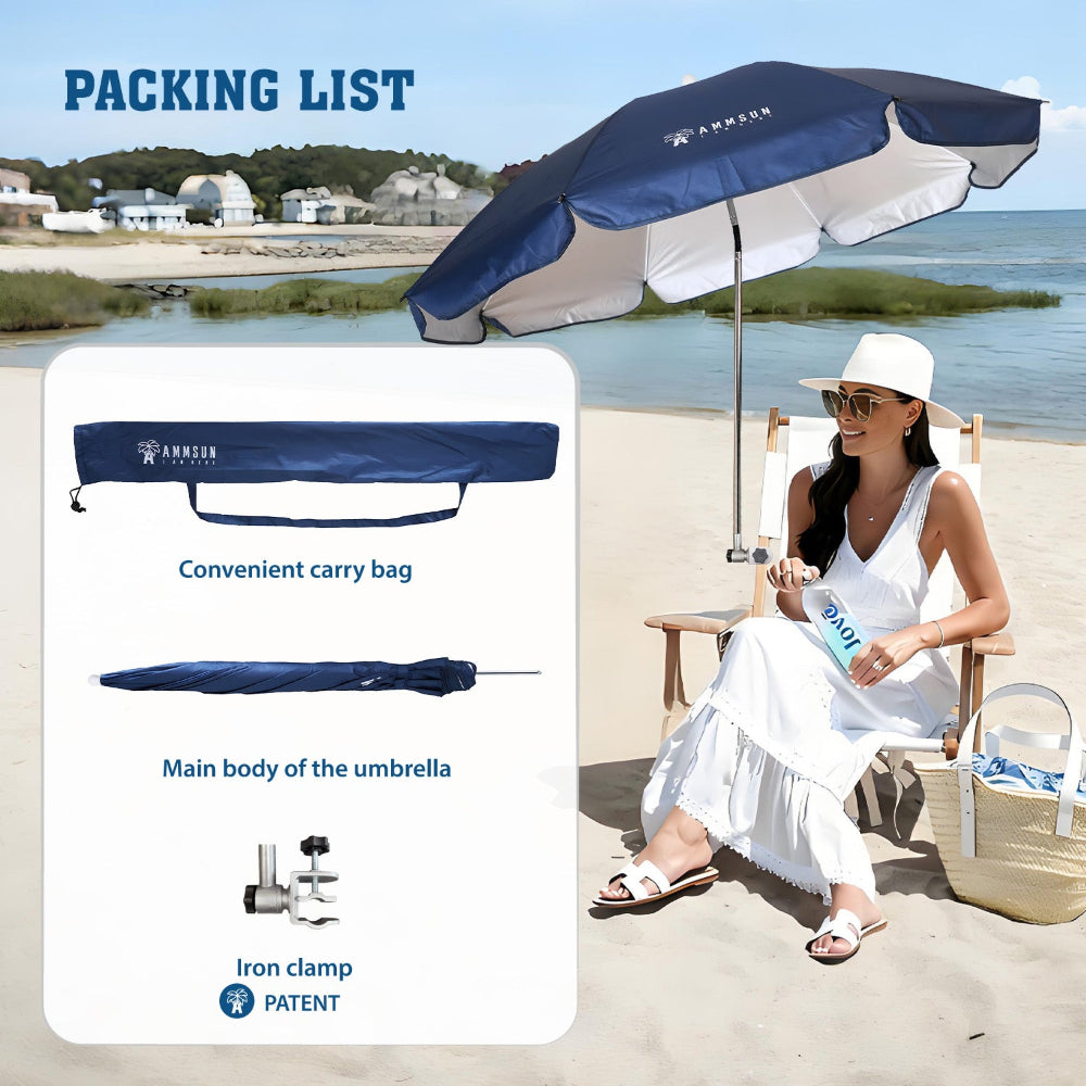 A woman sitting on a beach chair chiped with AMMSUN navy blue chair umbrellas for outdoors with clamp