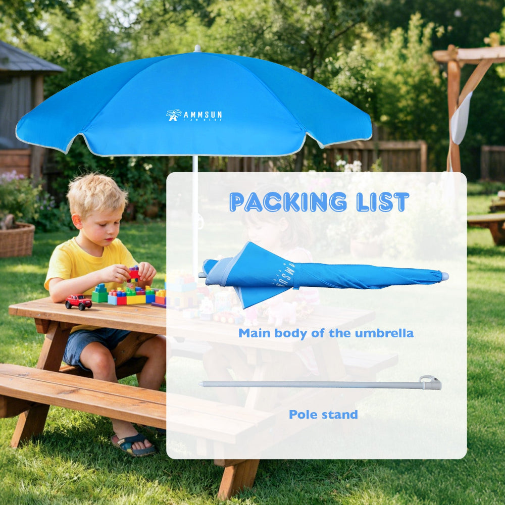 AMMSUN 5ft Kid Umbrella, Sky Blue - AMMSUN Beach Umbrella for kids chair with umbrella with lower pole with height adjustment