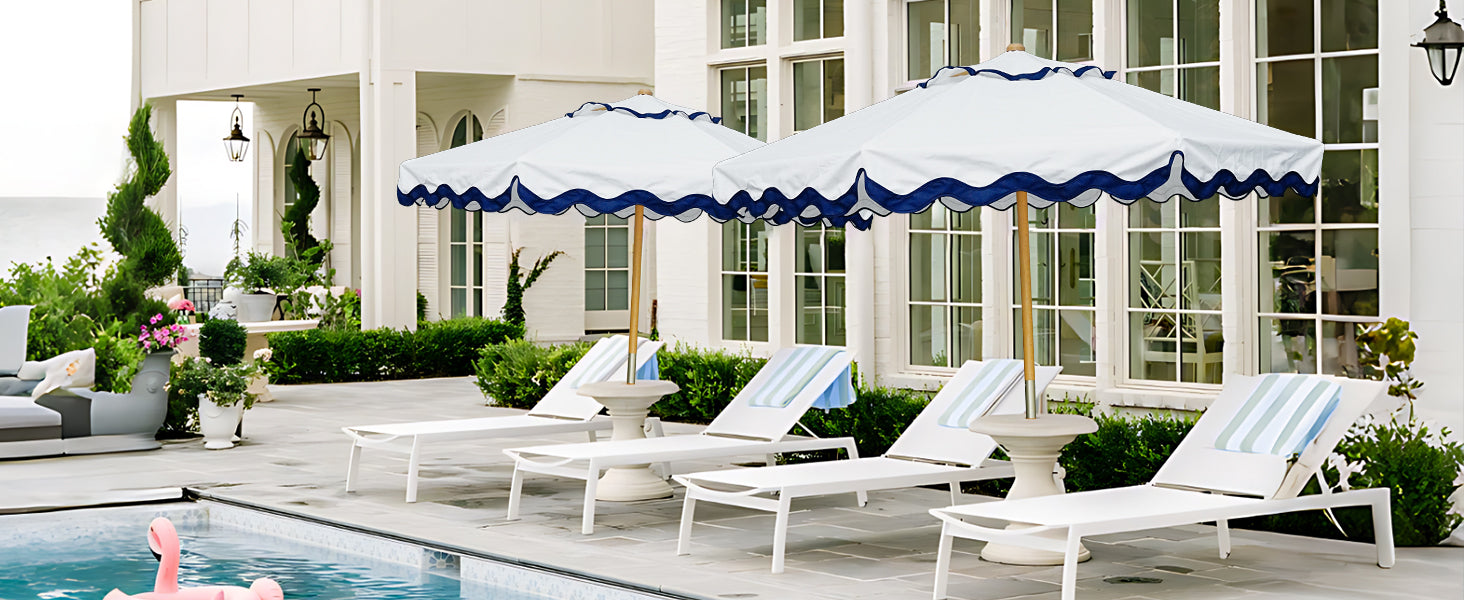 Two patio chairs with AMMSUN outdoor patio umbrella with pulley system for wooden umbrella on poolside