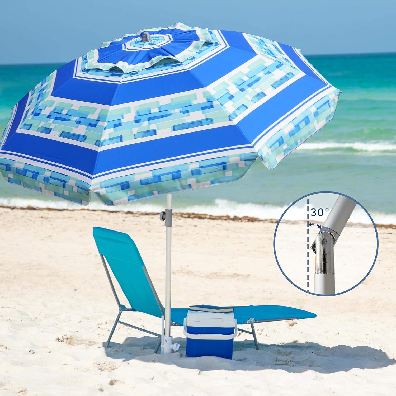AMMSUN 7ft Heavy Duty Windproof Portable Beach Umbrella with Sand Anchor Ice Blue Stripe