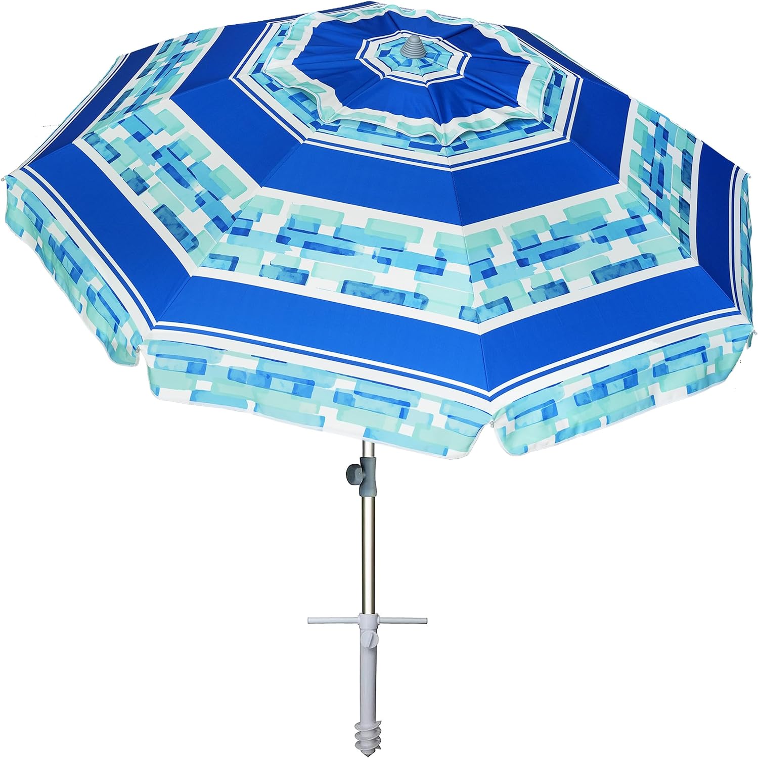 AMMSUN 7ft Heavy Duty Windproof Portable Beach Umbrella with Sand Anchor Ice Blue Stripe
