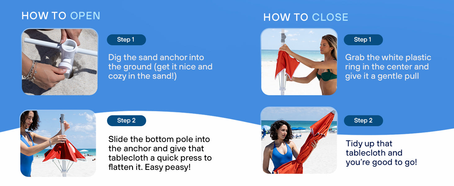 Step-by-step guide on how to open and close AMMSUN 7ftT beach umbrella shade with sand anchor and table tray