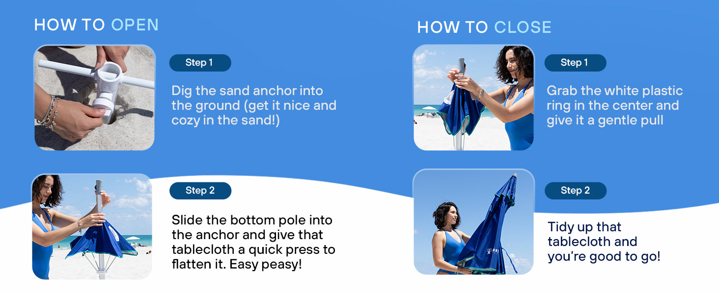 4 steps to use built-in table tray for AMMSUN 7ft high wind beach umbrella portable