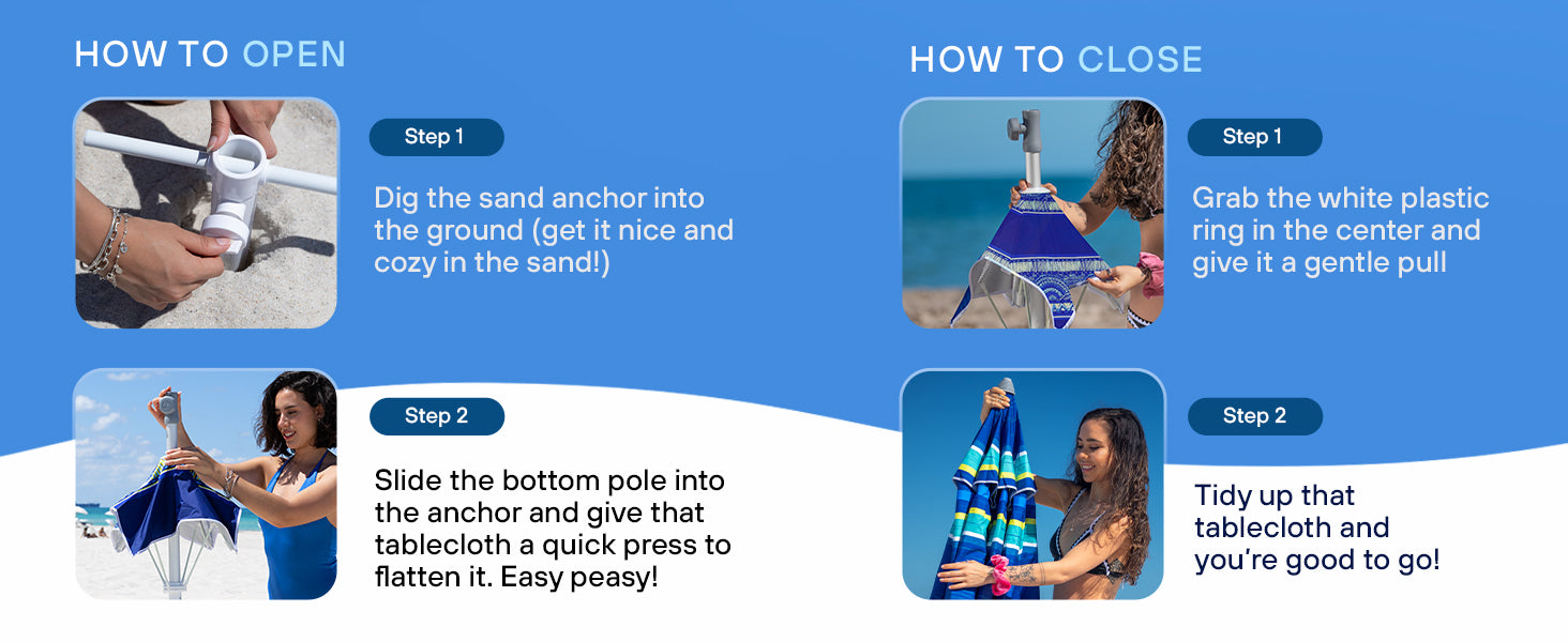 Step-by-step guide on how to open and close AMMSUN 7ftT beach umbrella shade with sand anchor and table tray