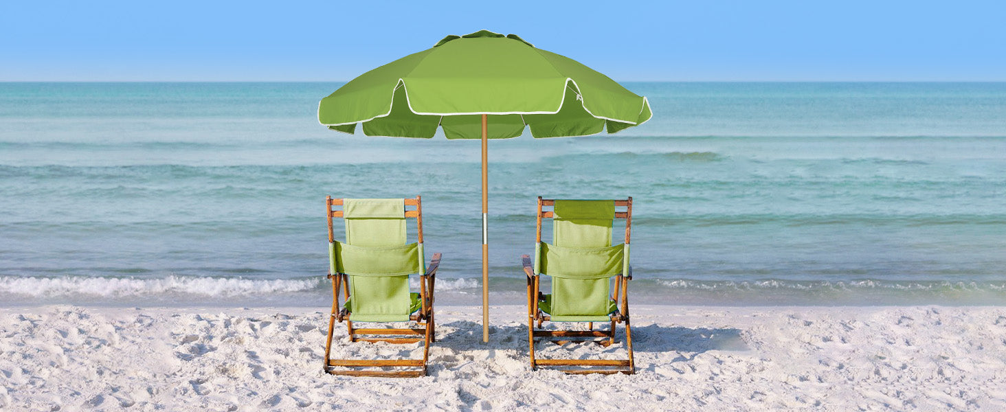 Two green beach chairs with an AMMSUN wood pole heavy duty patio umbrella on beach