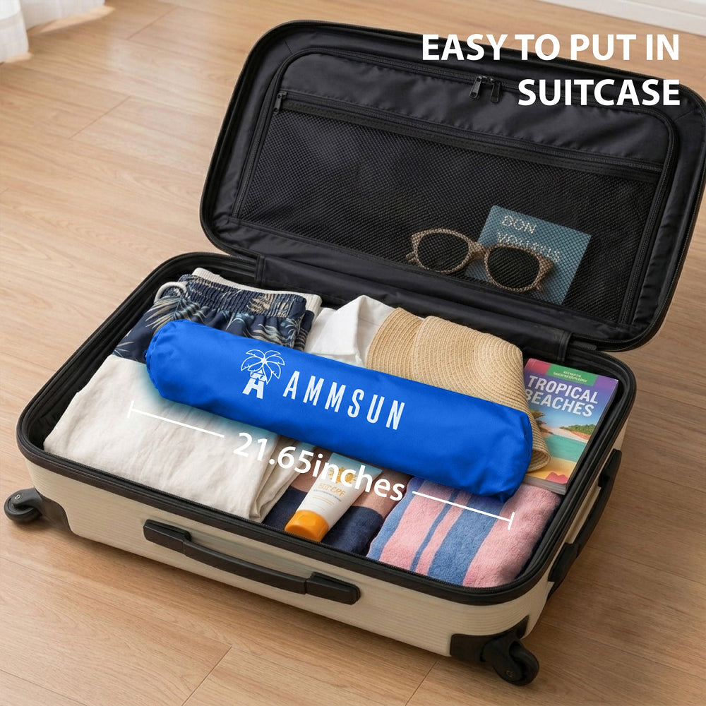 AMMSUN 6.5ft folding compact beach umbrella can be folded to a length of only 21.65 inches, making it suitable for storage in a suitcase.