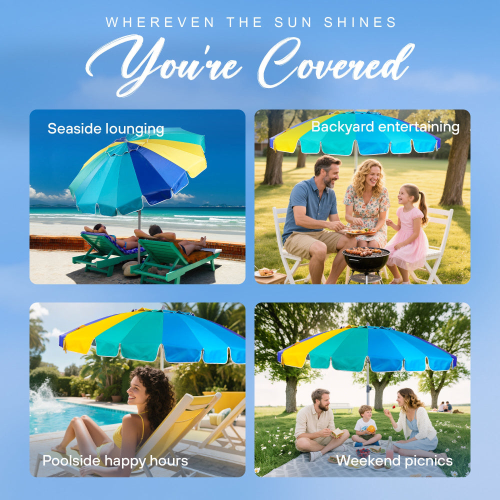 AMMSUN 7.5ft multicolorblue umbrella with sand anchor for beach providing sun protection for family activities at the beach, backyard, poolside, or picnics.