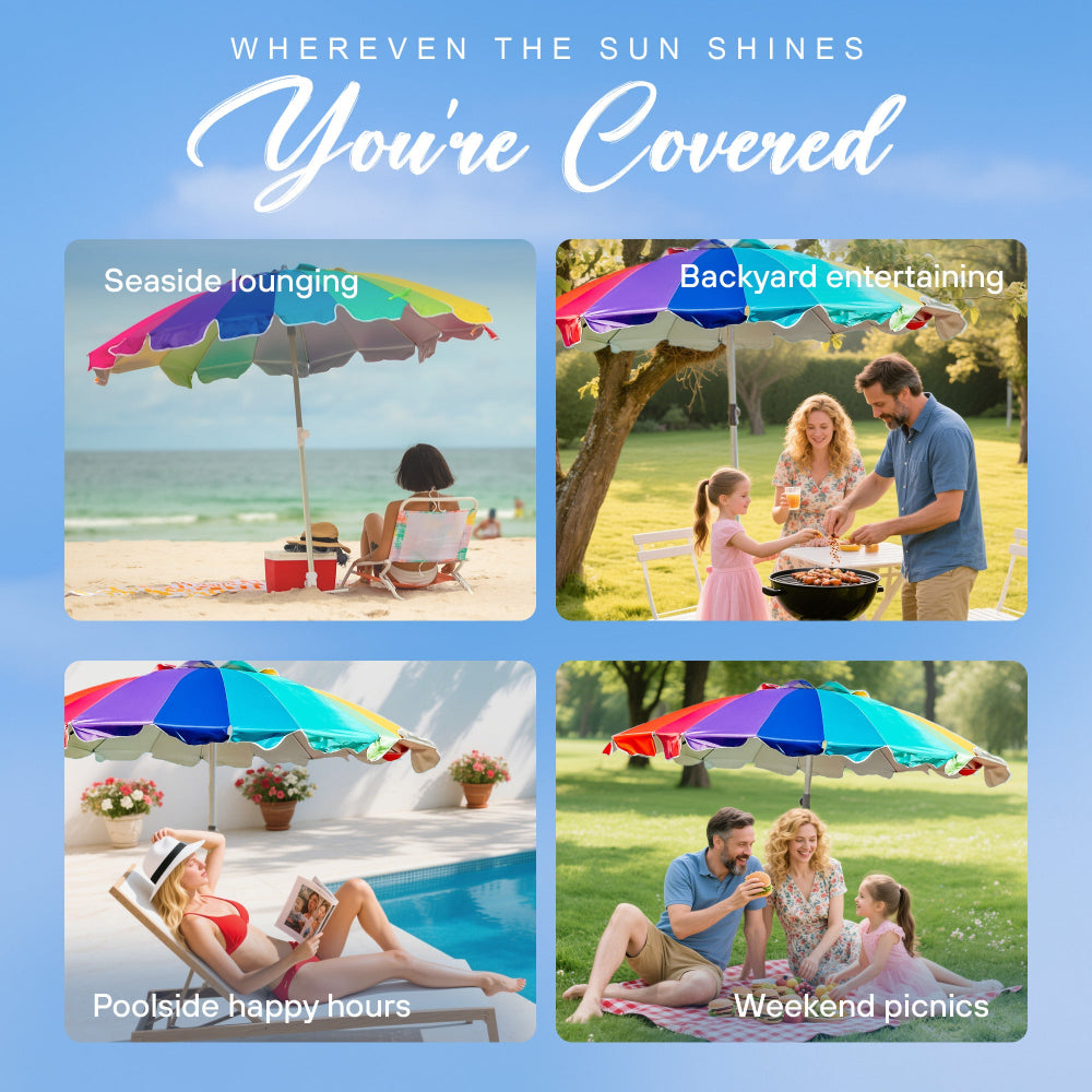 AMMSUN 7.5ft rainbow umbrella with sand anchor for beach providing sun protection for family activities at the beach, backyard, poolside, or picnics.