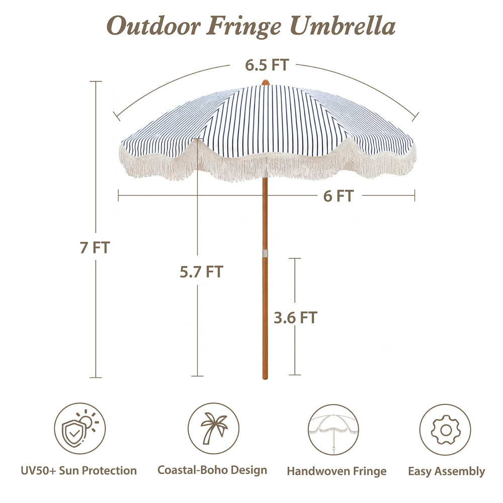 AMMSUN 6.5ft Boho fringe portable umbrella with Wood-inspired Finish Steel Pole in 7ft tall with 8 ribs and a knob for height 