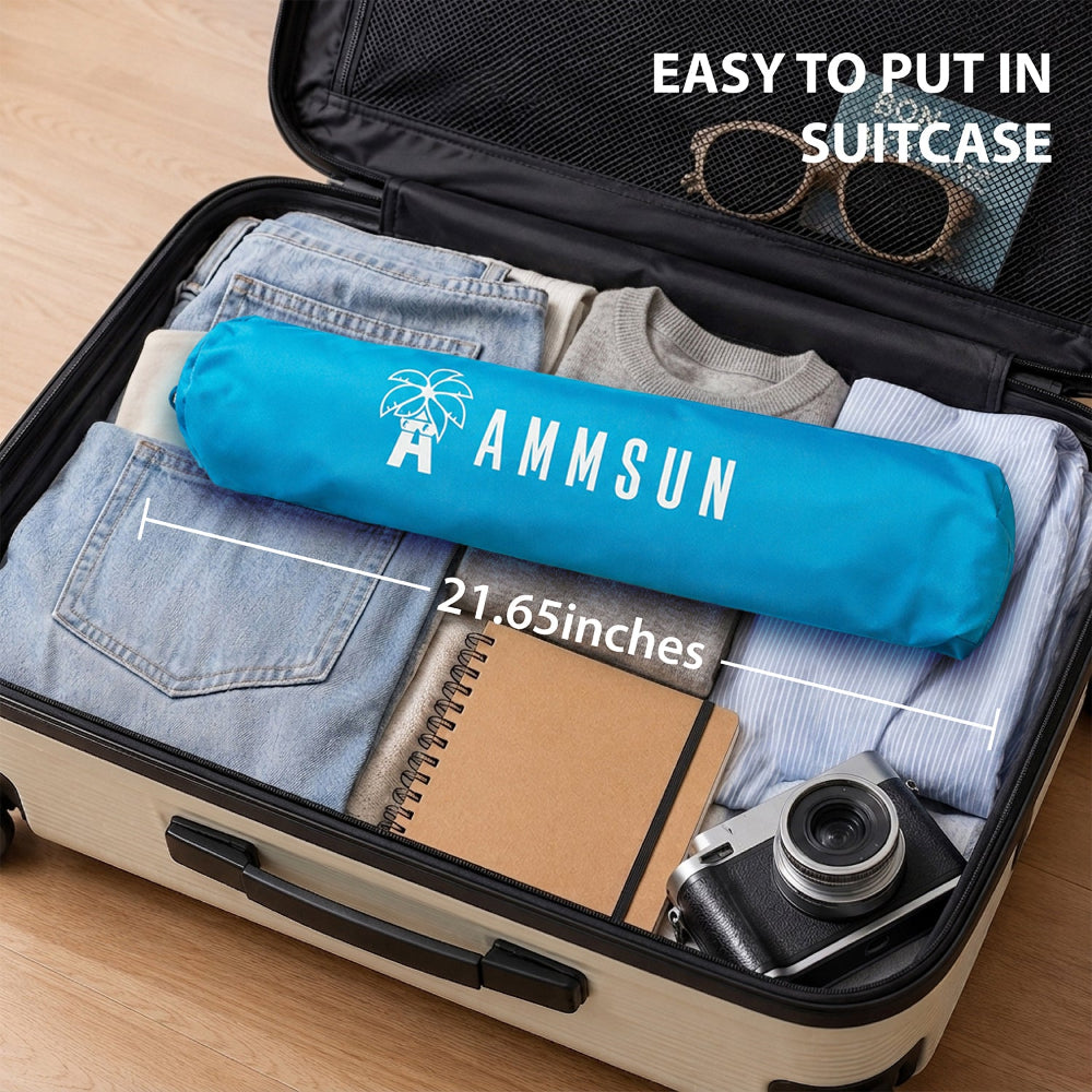 AMMSUN 6.5ft folding beach umbrella with anchor can be folded to a length of only 21.65 inches, making it suitable for storage in a suitcase.
