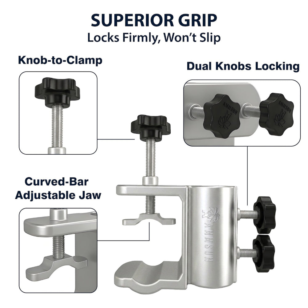 AMMSUN boat umbrella holder has knob to clamp, dual knobs locking and curverd-bar adjustable jaw