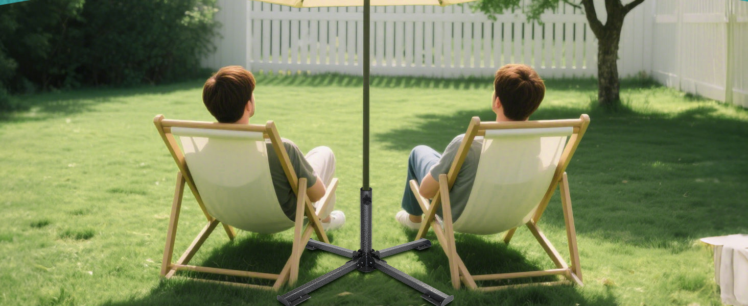  Two men sitting umderr patio umbrella on grassland with an AMMSUN steel outdoor umbrella base with additional water bag