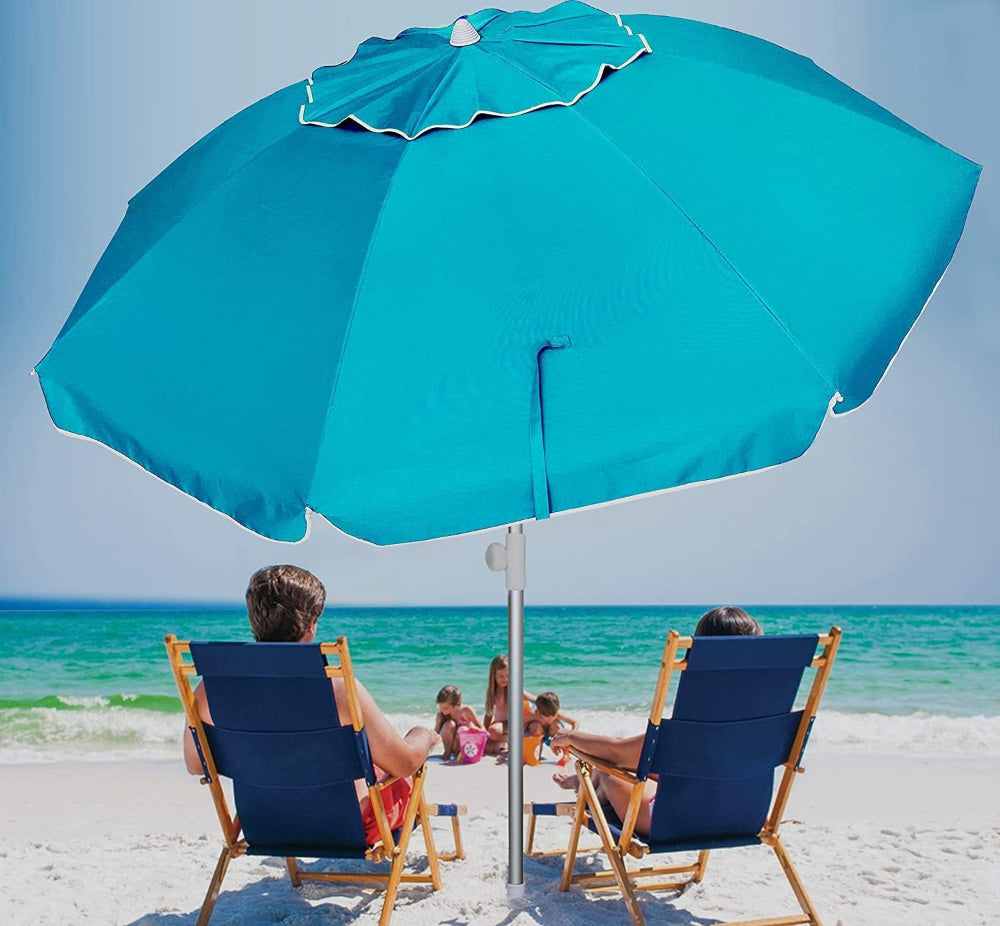 Two people sitting under an AMMSUN 6.5FT light blue folded beach umbrella with sand anchor