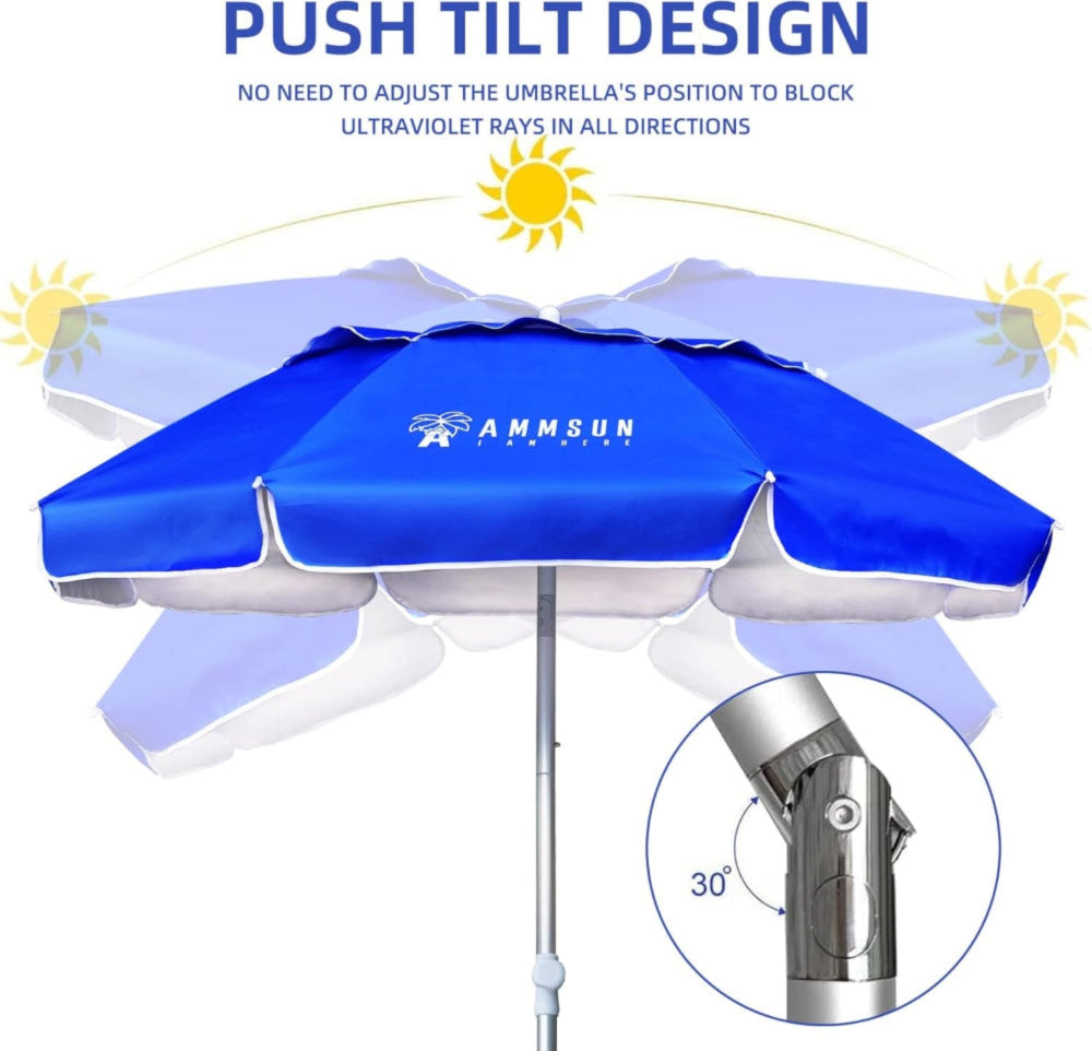 AMMSUN 6ft navy blue twice folding beach umbrella with sand anchor has tilt function