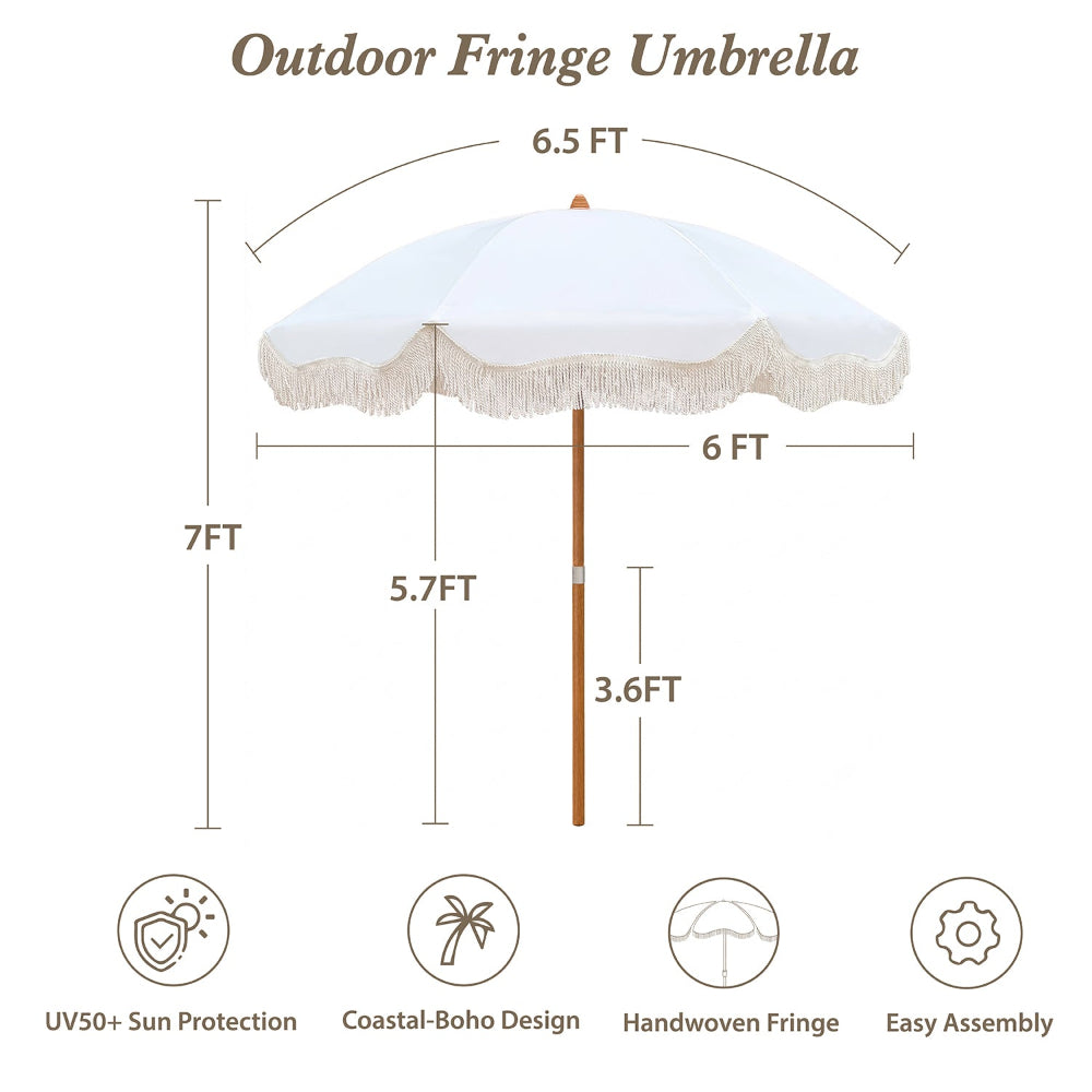 AMMSUN 6.5ft Boho fringe portable umbrella with Wood-inspired Finish Steel Pole in 7ft tall with 8 ribs and a knob for height 