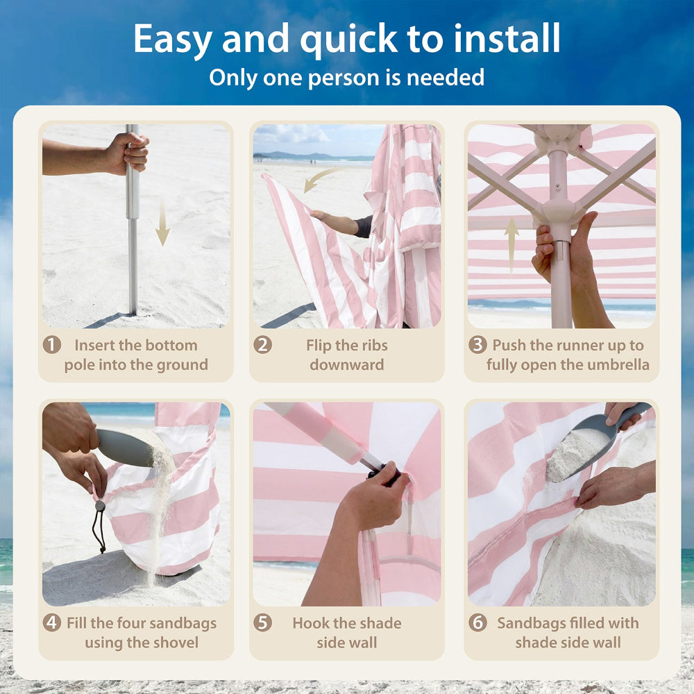 Steps to easy and quick set up AMMSUN wind resistant beach shelter beach tent pink cabana with sand shovel