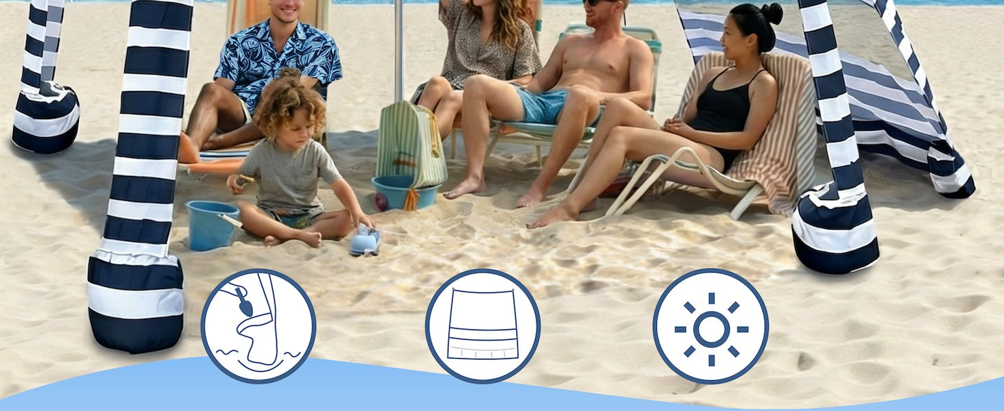 Famliy of 5 relaxing under an AMMSUN 8'x8' navy blue stripes easy up canopy for beach cabana with side wall