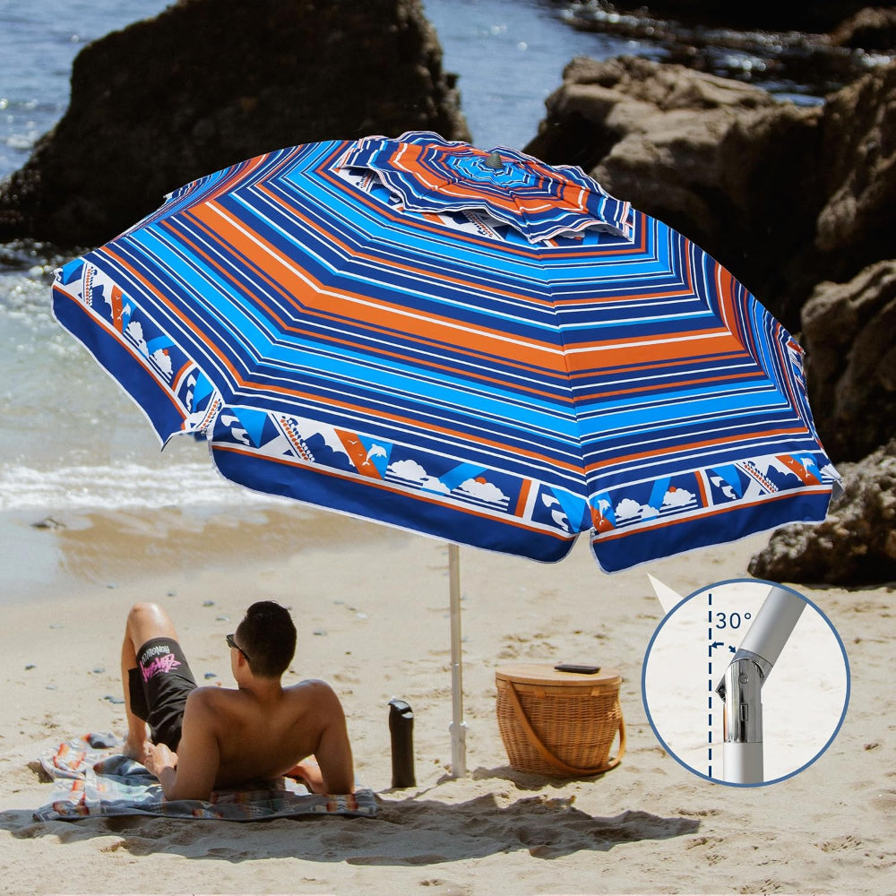 A man lying under an AMMSUN Blue Orange 7ft outdoor umbrella with beach umbrella sand anchor with tilt