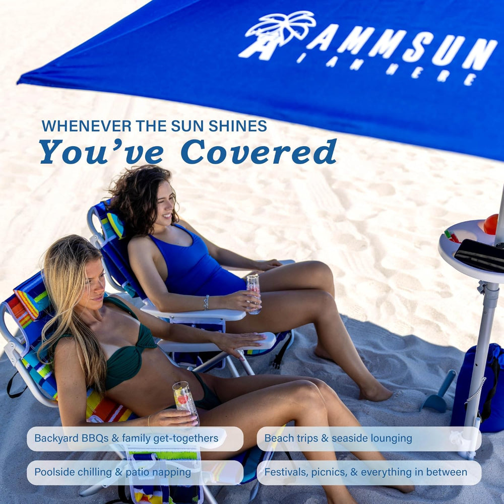 Two women relaxing under an AMMSUN 8FT blue heavy duty high wind patio umbrella