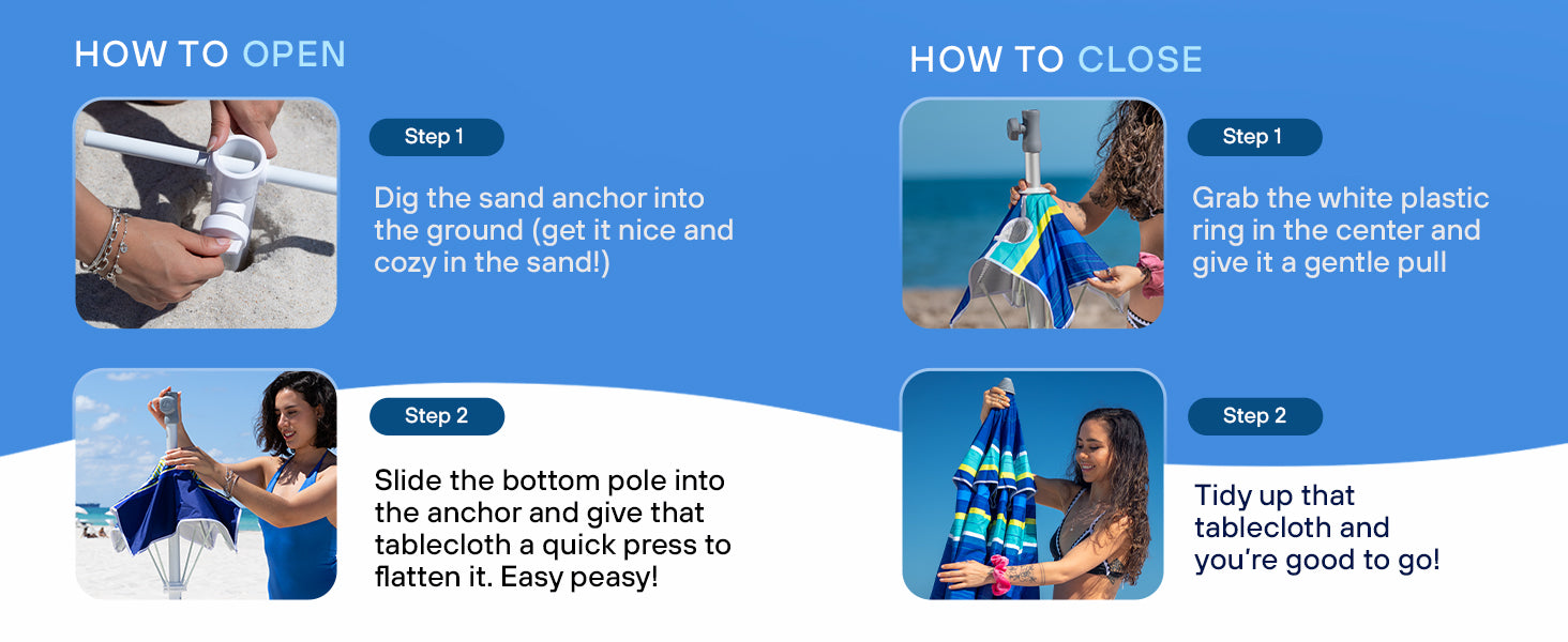 Steps to use AMMSUN 7ft blue stripes wind resistant beach umbrella with built-in table and sand anchor