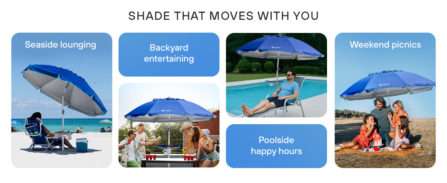 AMMSUN 7ft blue portable shade beach umbrella with table and sand anchor fits for poolside, bakcyard and picnics
