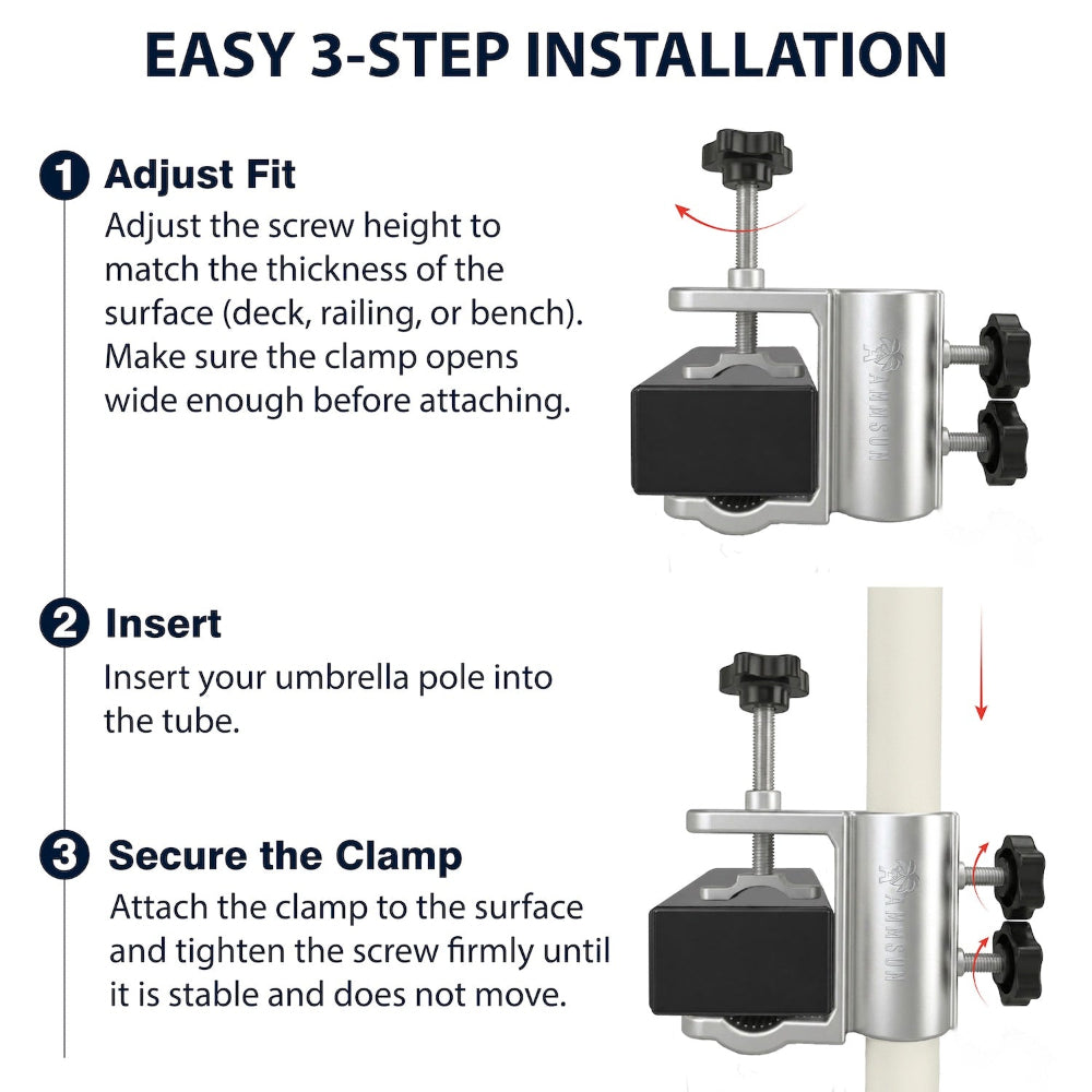 Step-by-step installation instructions for AMMSUN umbrella holder for chair clamp displayed in three clear sections for easy understanding and implementation.