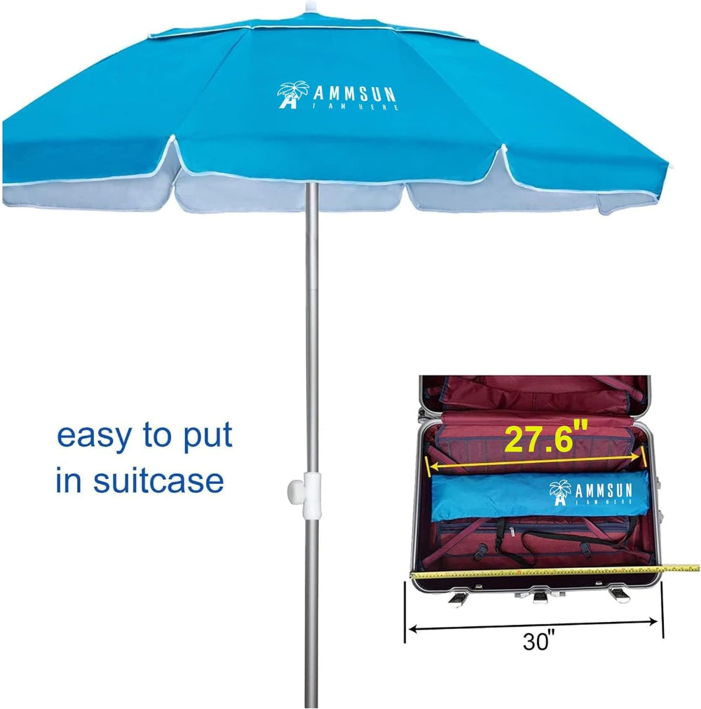 AMMSUN 6.5ft light blue twice folded beach umbrellas with sand anchor is easy to out in suitcase