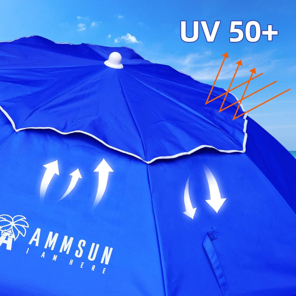 AMMSUN 6ft Navy Blue twice folded portable outdoor umbrella with sand anchor is UV50+