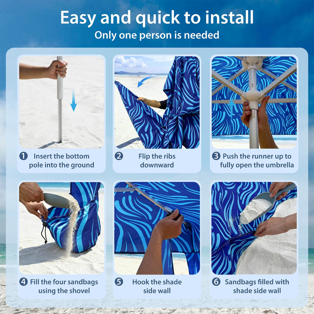 6 steps to easy set up AMMSUN sea flow 8ftx8ft large size wind resistant beach shelter with sand shovel for coolcabanas