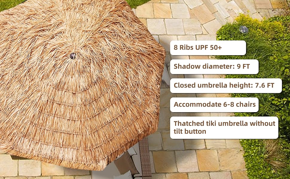 8 thatch patio tiki umbrella HAPPYGRILL 8.8 FT Hawaiian Style with Lights, Outdoor Thatched Umbrella with Ribs, Manual Crank, 35 Tilt, for Beach, Backyard, Poolside : Patio, Lawn & Garden grain pole and natural thatch coverings AMMSUN 9ft Hula Thatched Tiki