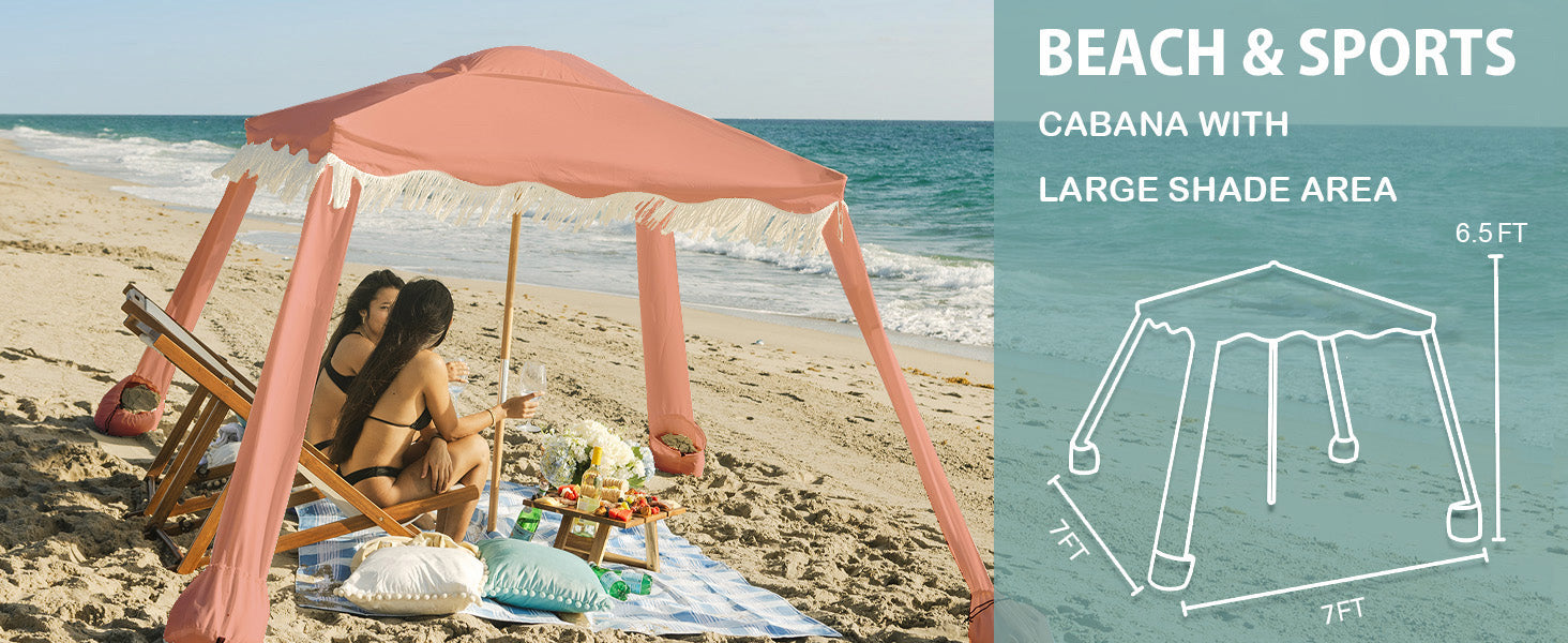 Two women sitting under AMMSUN 7'x7' vintage pink cool cabanas beach canopy with fringe in 6.5ft high