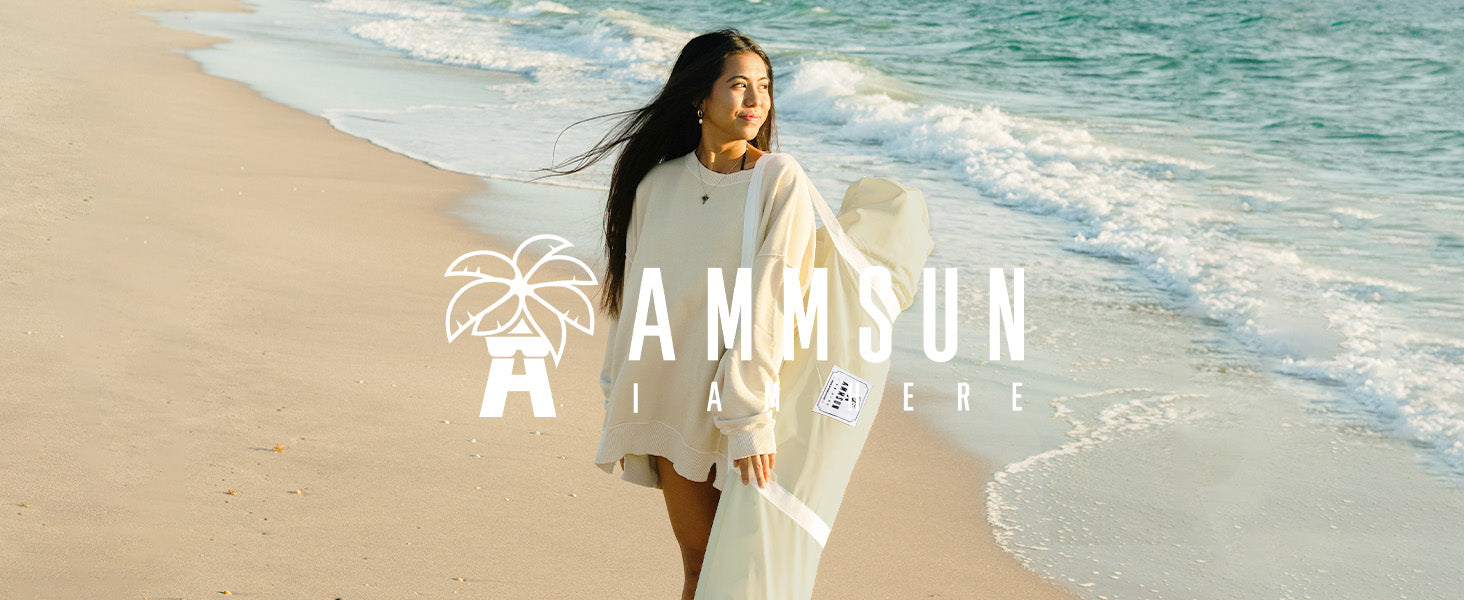A woman holding a carry bag for AMMSUN 7ftx7ft beige boho canopy with fringe cool cabanas beach canopy