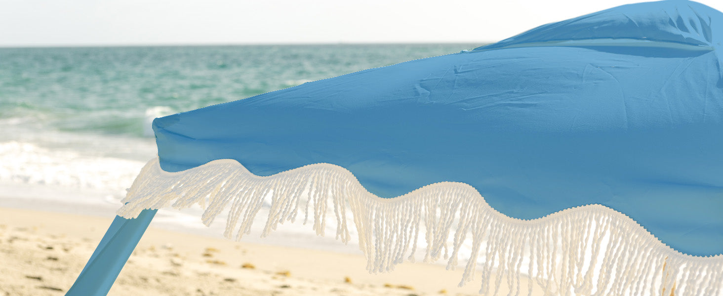 AMMSUN 7ftx7ft vintage blue portable beach shade cabana with fringe boho beach canopy with wood pole