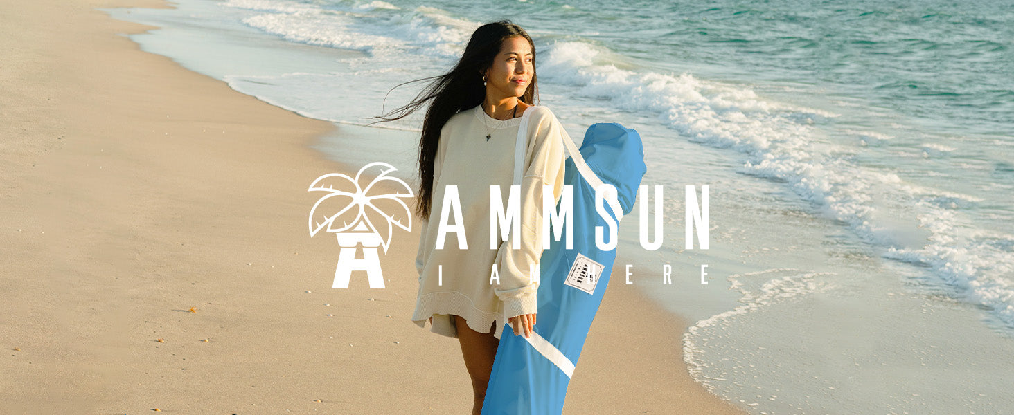 A woman holding a carry bag for AMMSUN 7ftx7ft vintage blue cool cabana beach tent with fringe