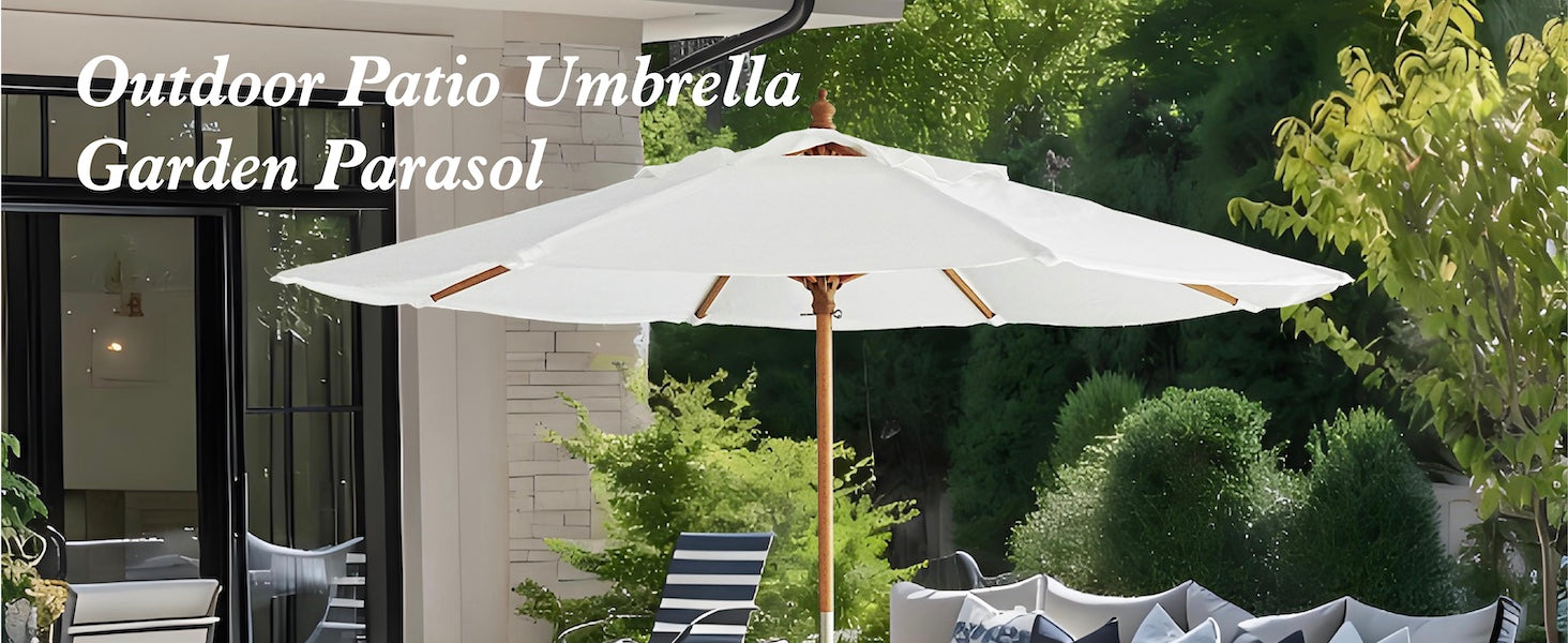 AMMSUN 8.5ft white outdoor patio umbrella with wooden frame pulley lift in a garden setting.