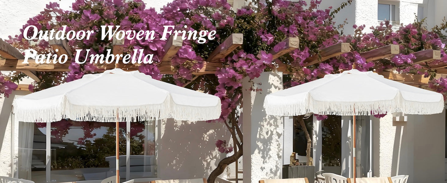 AMMSUN 8.5ft white outdoor woven fringe patio umbrella with fringe boho umbrella with pulley lift