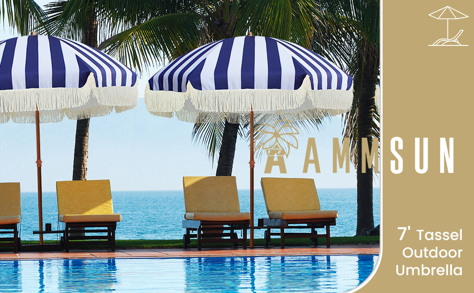 7.5 ft striped patio umbrella AMMSUN 7ft Patio Fringe Umbrella,Blue Stripes