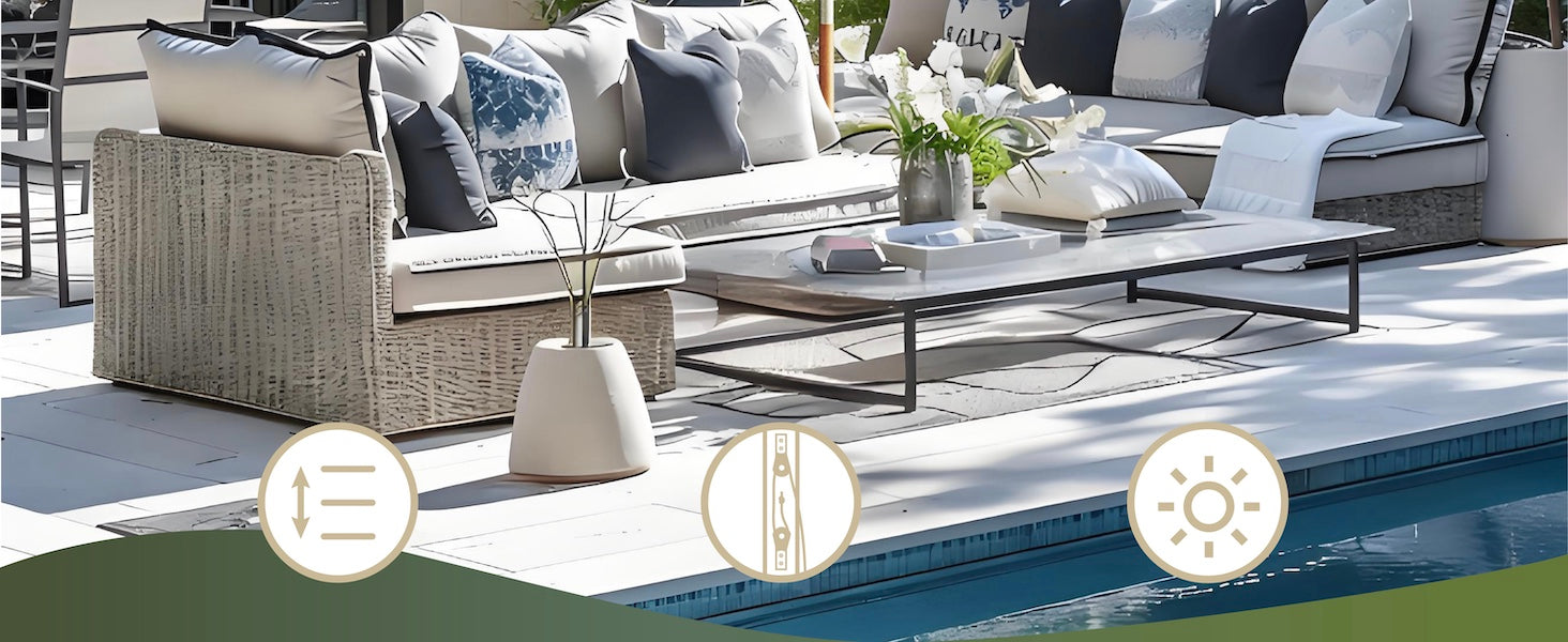 Outdoor patio furniture set with cushions by a pool