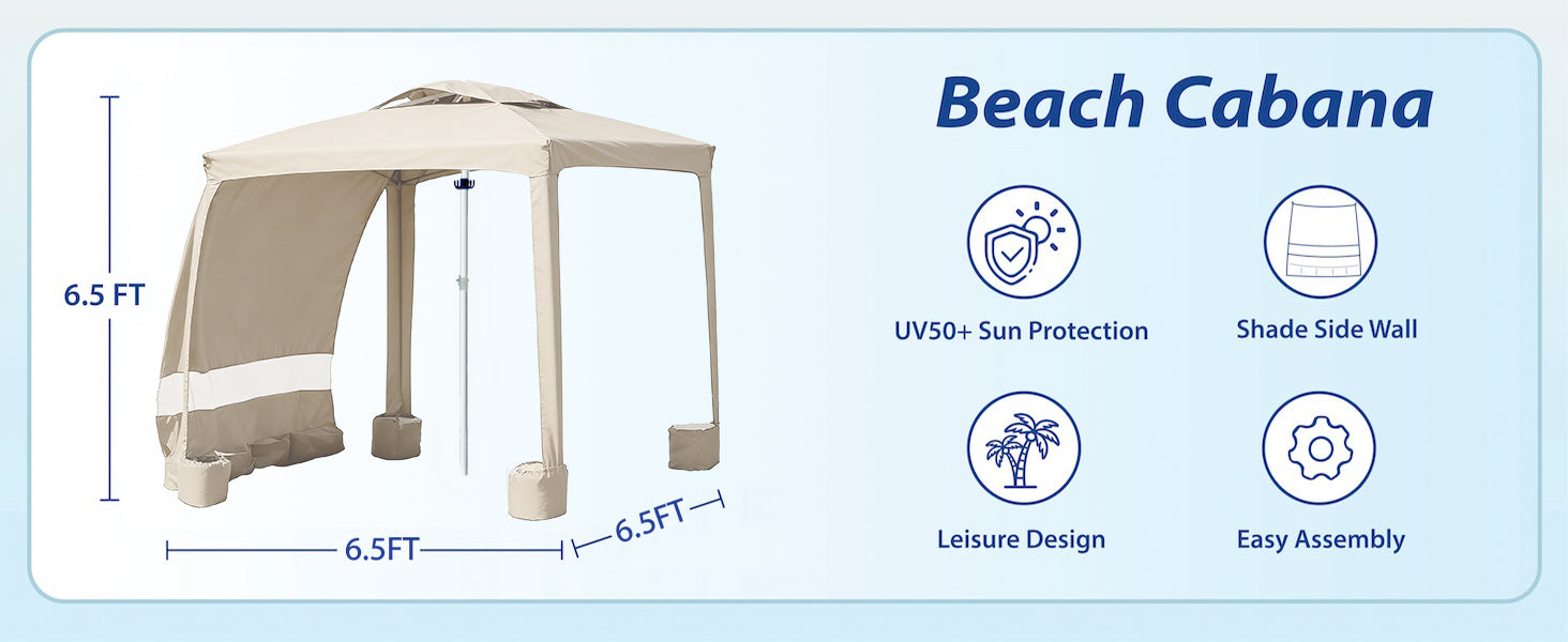 A child sitting in AMMSUN 6.5'x6.5' vintage beige beach tent sun shelter cabana in 6.5ft high