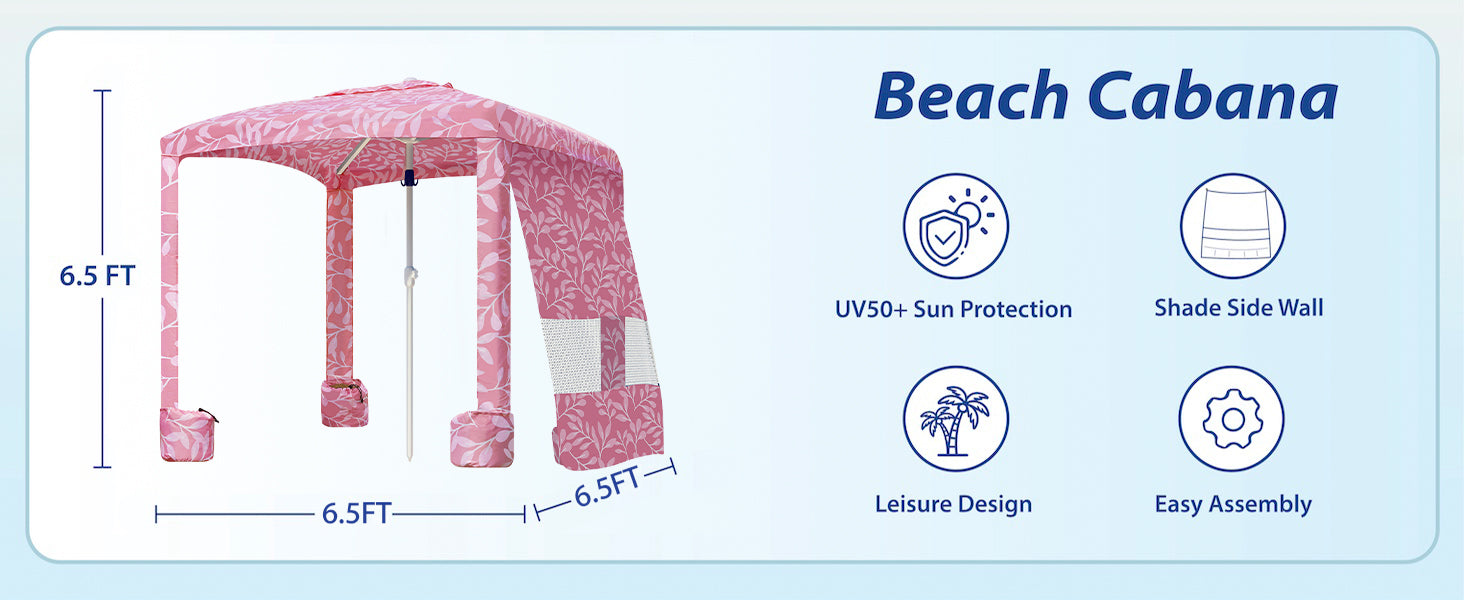A woman standing under AMMSUN 6.5'x6.5' pink leaf beach cabanas for sand in 6.5ft tall