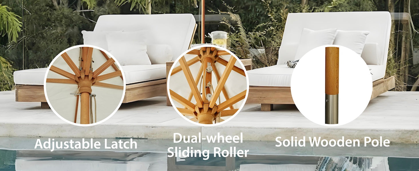 AMMSUN 8.5FT pulley lift pool umbrella for inside of pool garden umbrella has latch, durable sliding roller and wooden pole