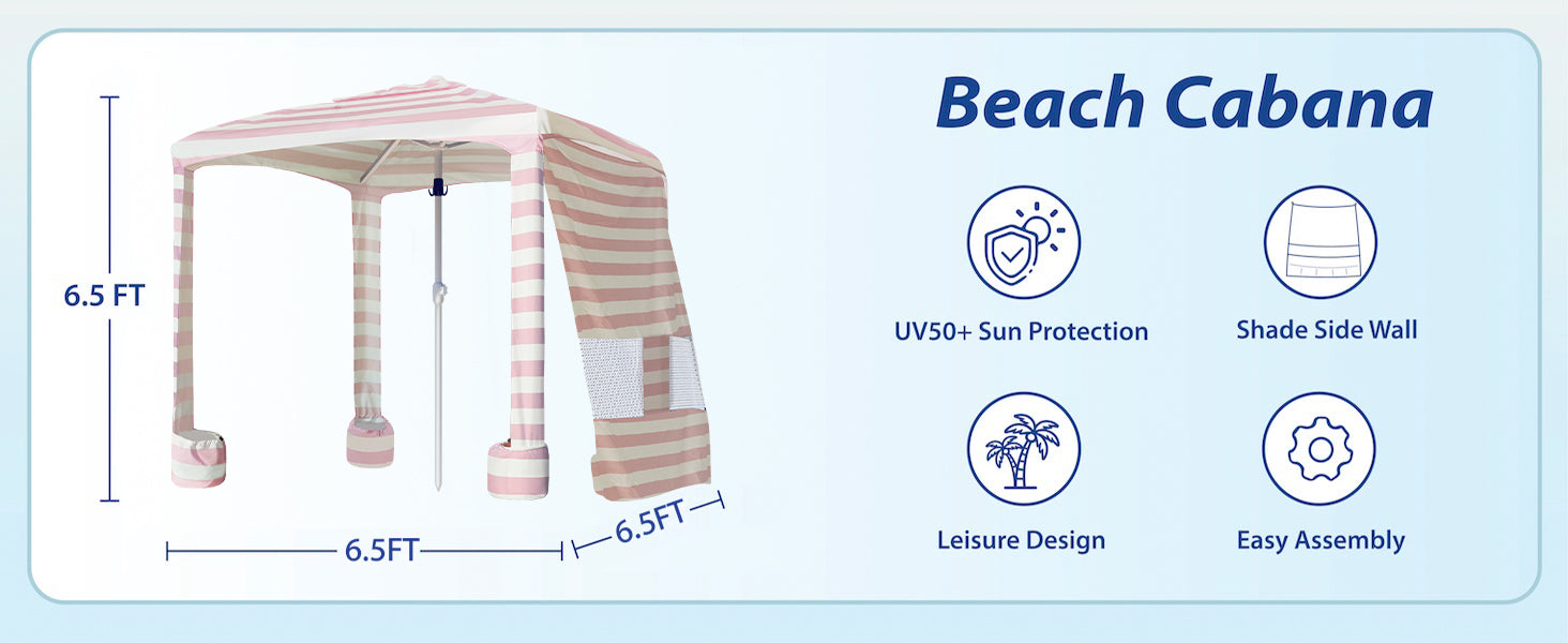A woman standing under AMMSUN 6.5'x6.5' elegant pink cabana beach tent in 6.5ft tall