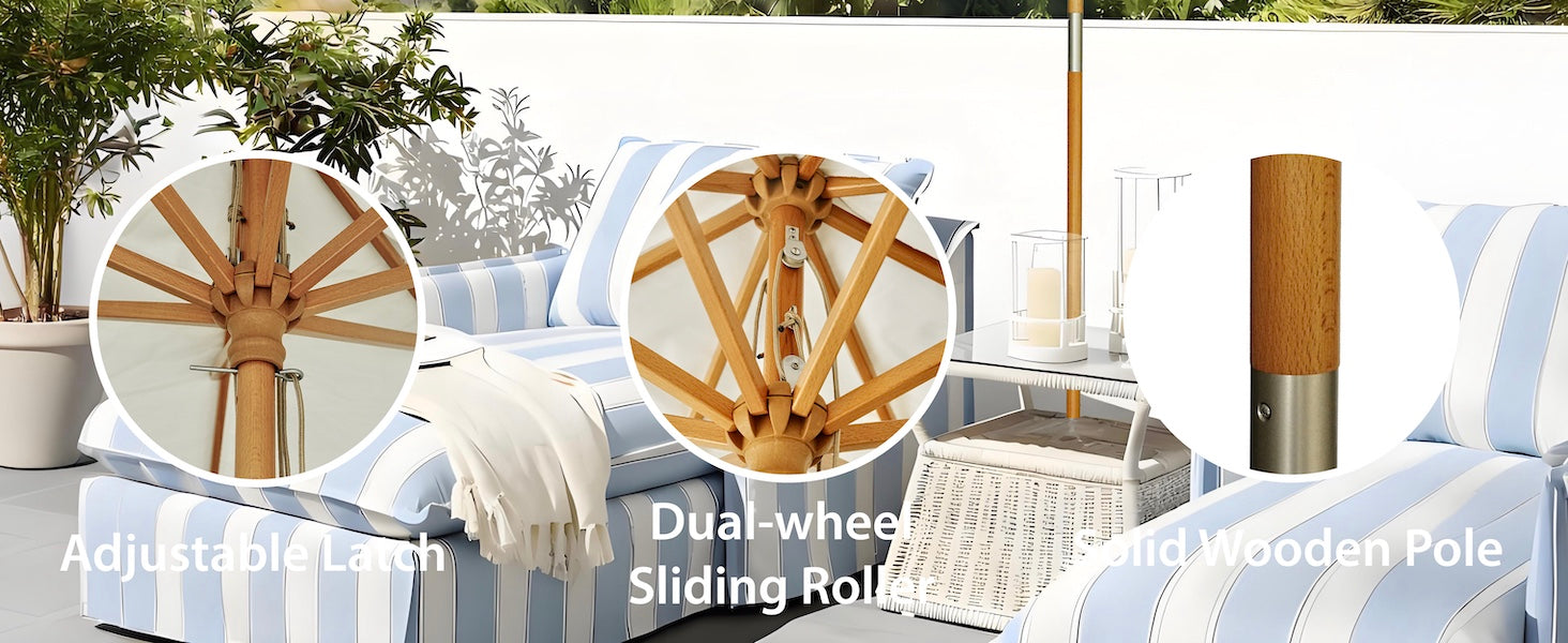 AMMSUN 8.5FT pulley lift wood handle umbrellas with tassels for outside umbrella has latch, durable sliding roller and wooden pole